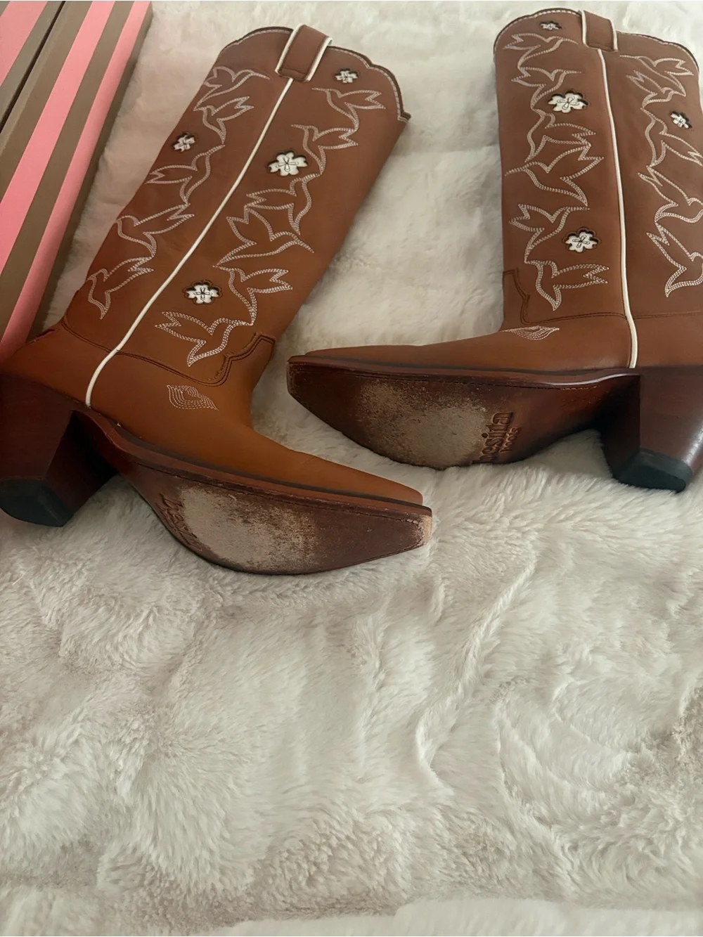 Besita Boots Honey Embroidered Western Boots Knee High Cowboy Brown White